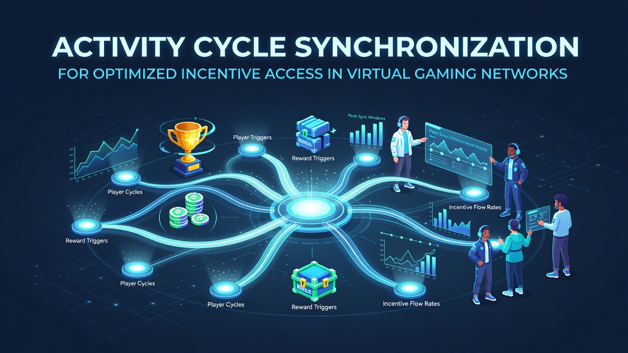 Diagram illustrating activity cycle synchronization patterns across virtual gaming network nodes and incentive distribution timelines