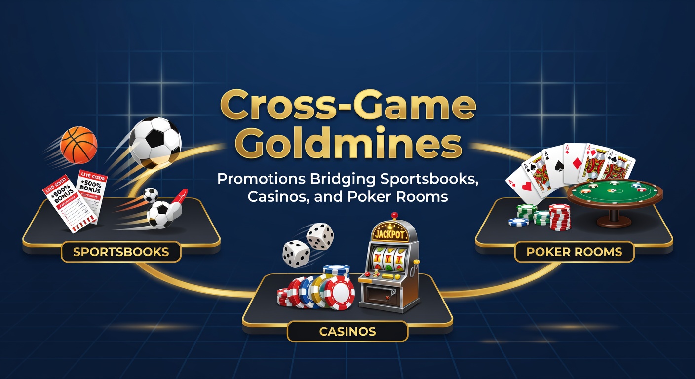 Digital interface showing interconnected sportsbook, casino slots, and poker tables with promotional overlays highlighting shared rewards