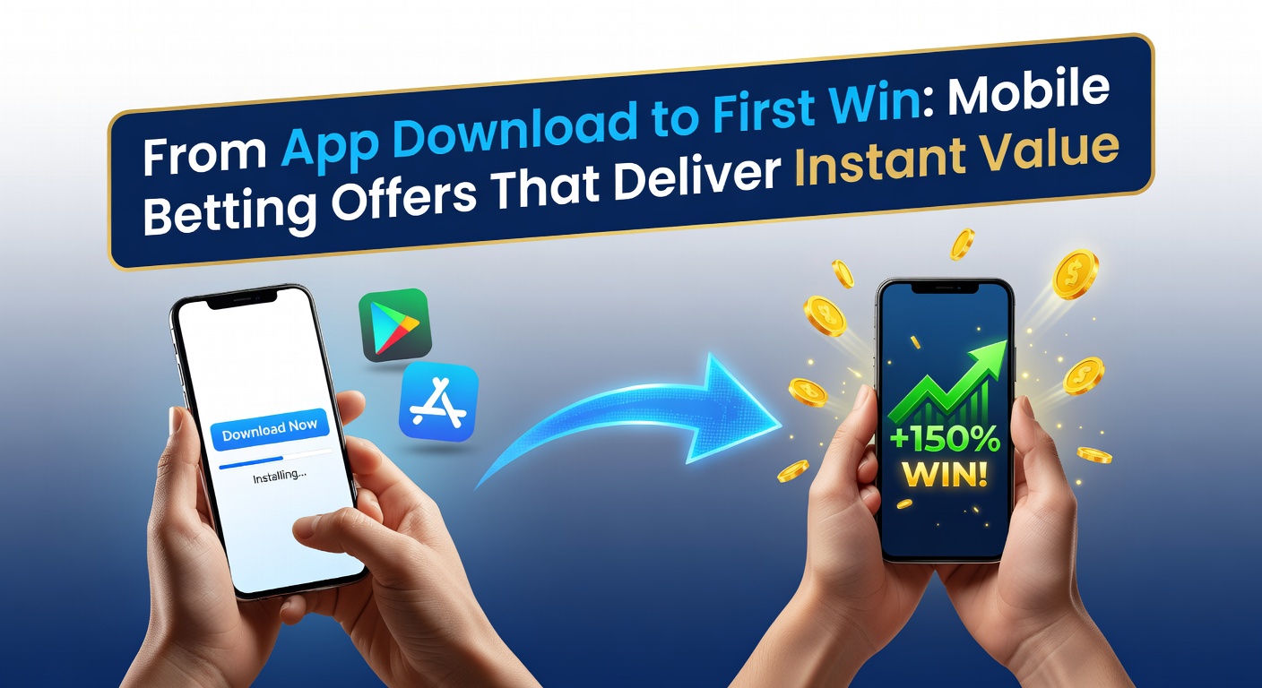 Smartphone screen showing a mobile betting app download page with a prominent no-deposit bonus offer popping up
