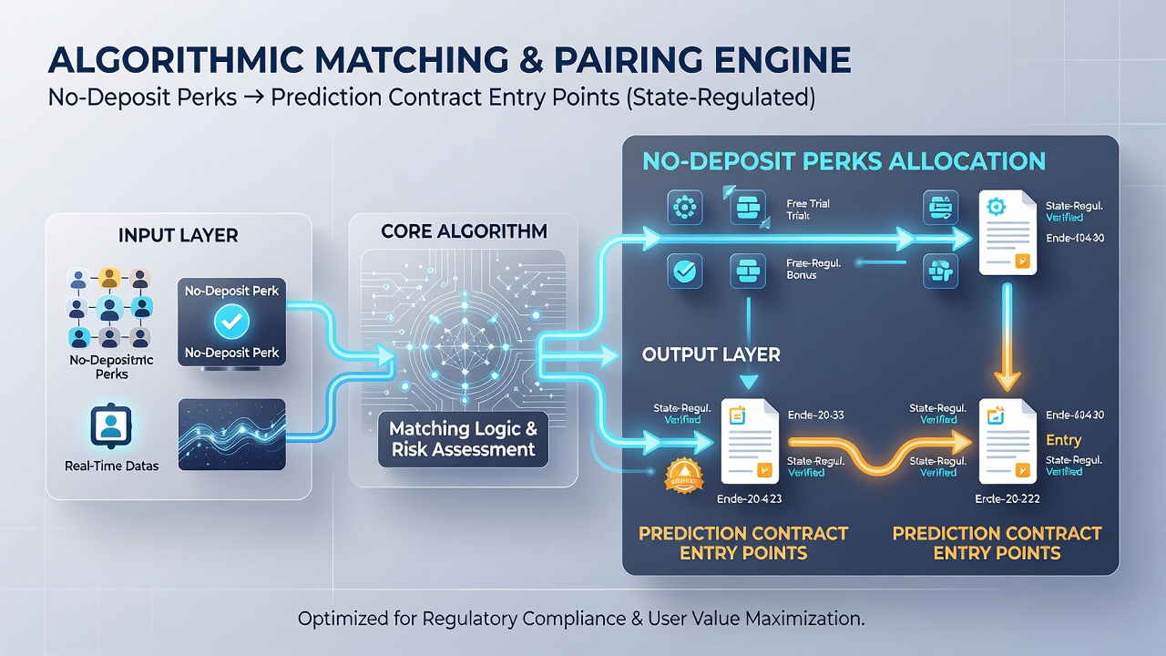 Data visualization of algorithmic pairing between no-deposit perks and prediction contract entries