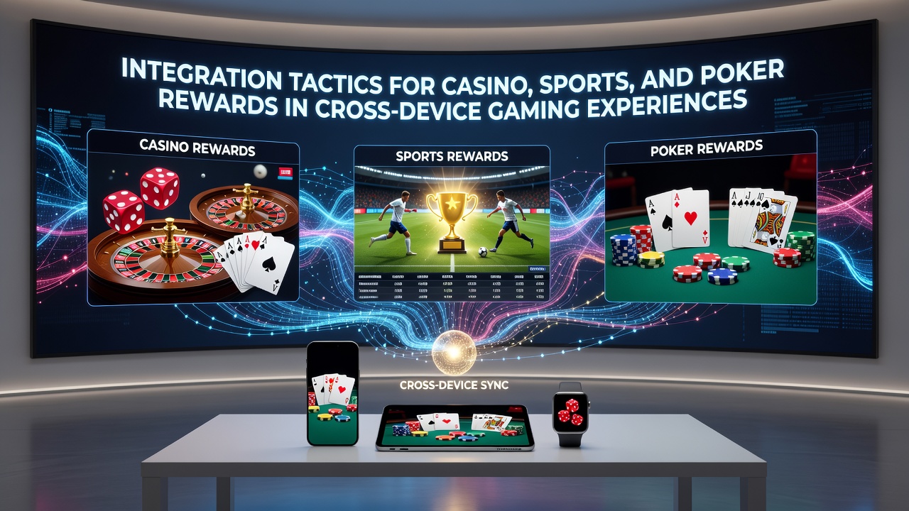 Illustration of unified rewards syncing across casino slots, sports betting interfaces, and poker tables on multiple devices