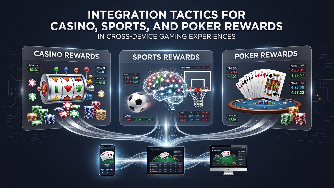 Diagram showing reward flow between sports, casino, and poker modules on mobile and desktop screens