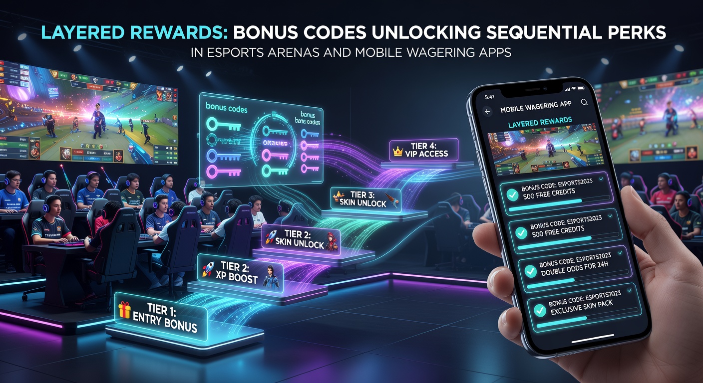 Digital screen displaying layered reward tiers with bonus codes activating sequential perks in an esports betting interface