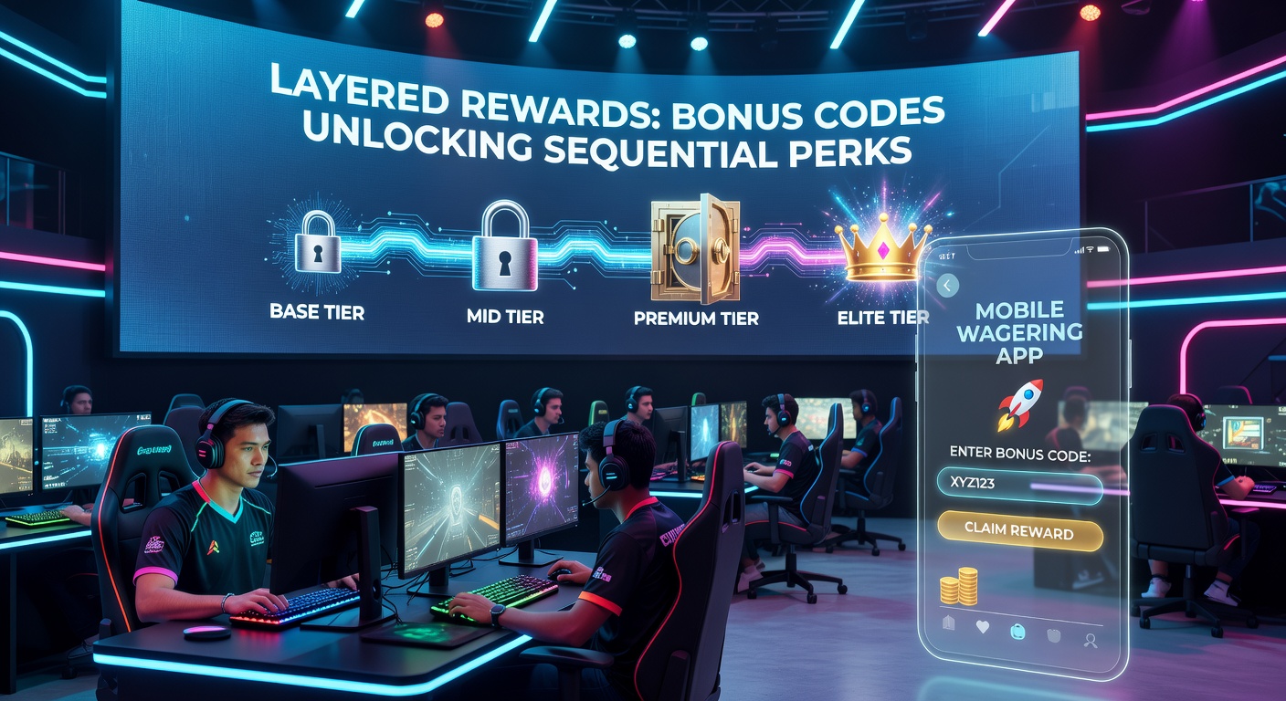 Mobile app screenshot showing sequential bonus code redemption tiers for esports wagering perks