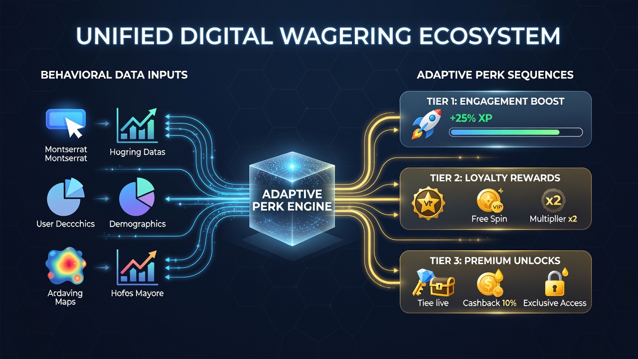 Diagram showing adaptive perk sequences responding to user behavior across wagering verticals