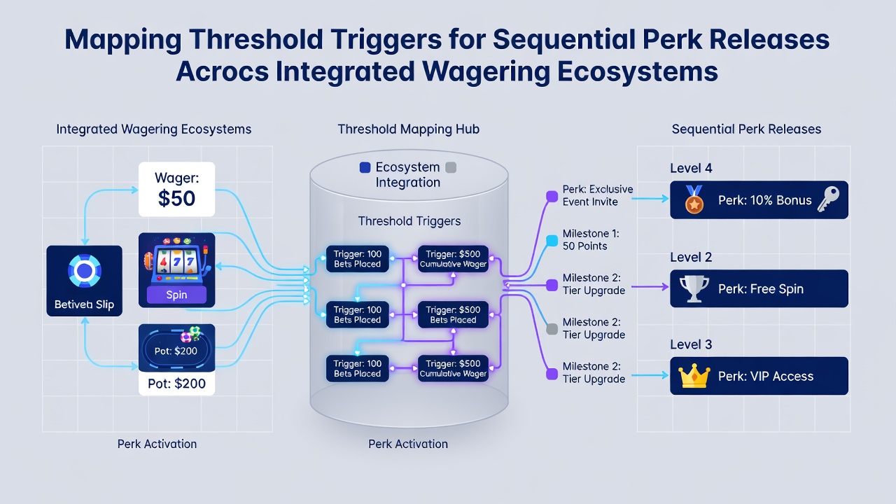 Flowchart illustrating sequential perk releases with threshold values and cross-platform integration points