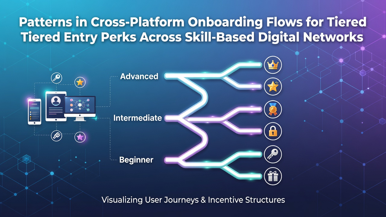 Cross-platform onboarding interface showing tiered entry perks on multiple skill-based digital network devices