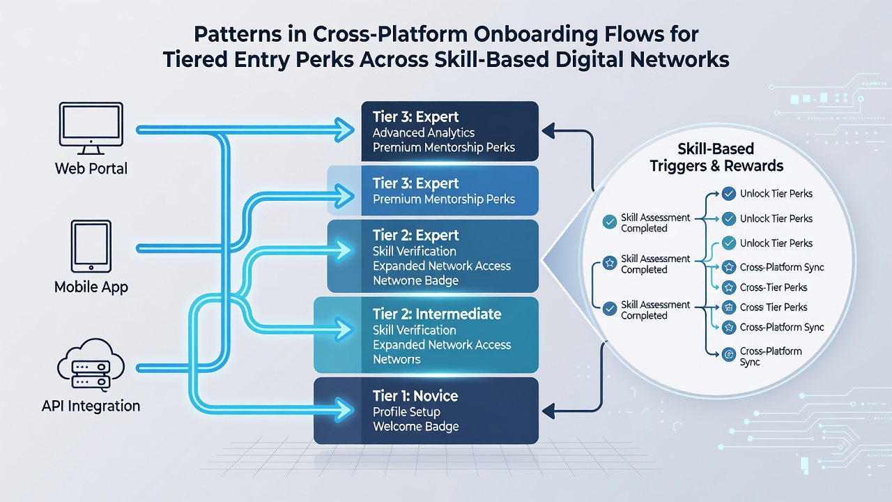 Flowchart diagram illustrating tiered perk activation across skill-based platforms during onboarding