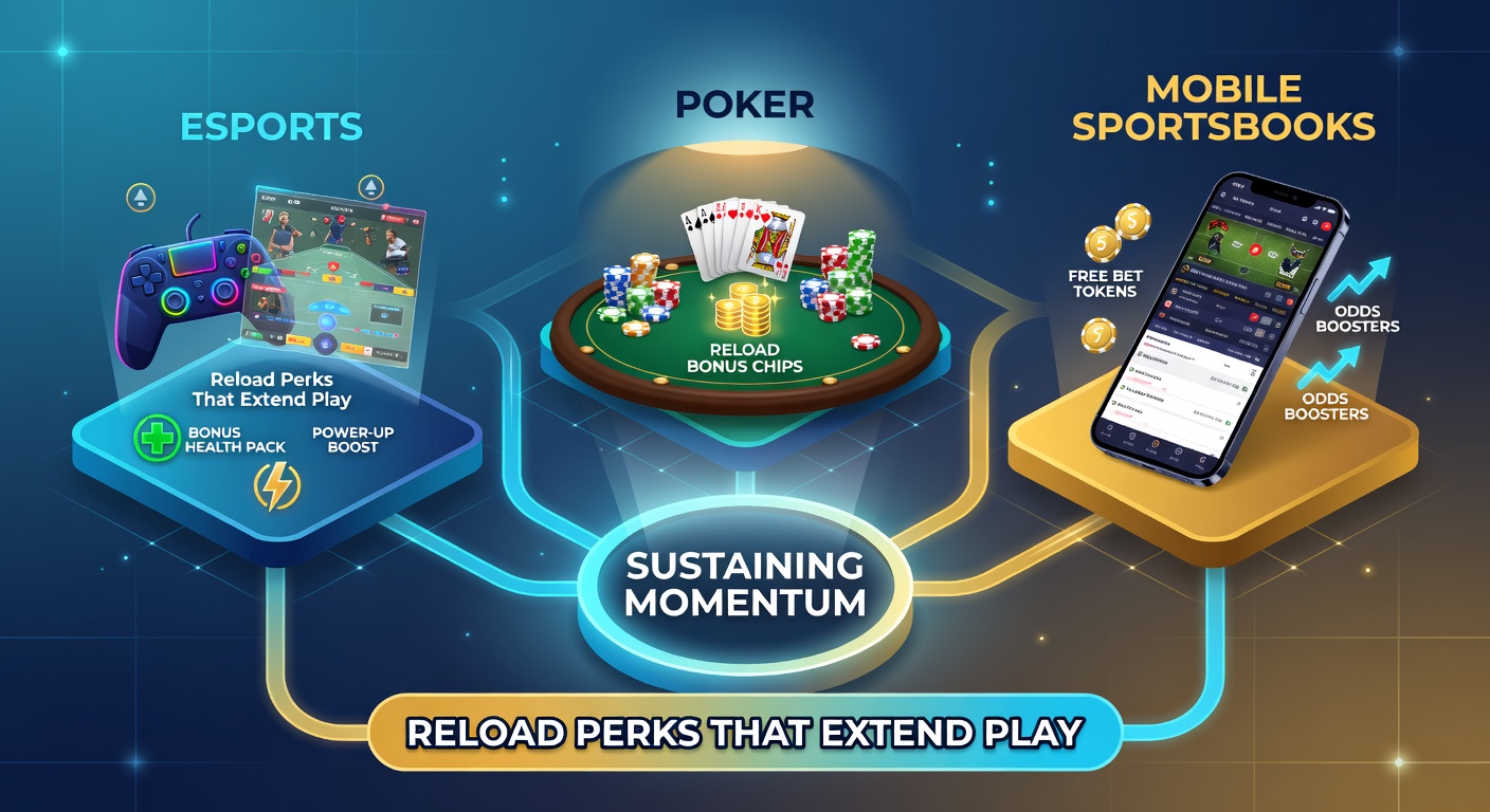Poker player at a high-stakes table reviewing reload bonus details on a mobile device amid a tense tournament