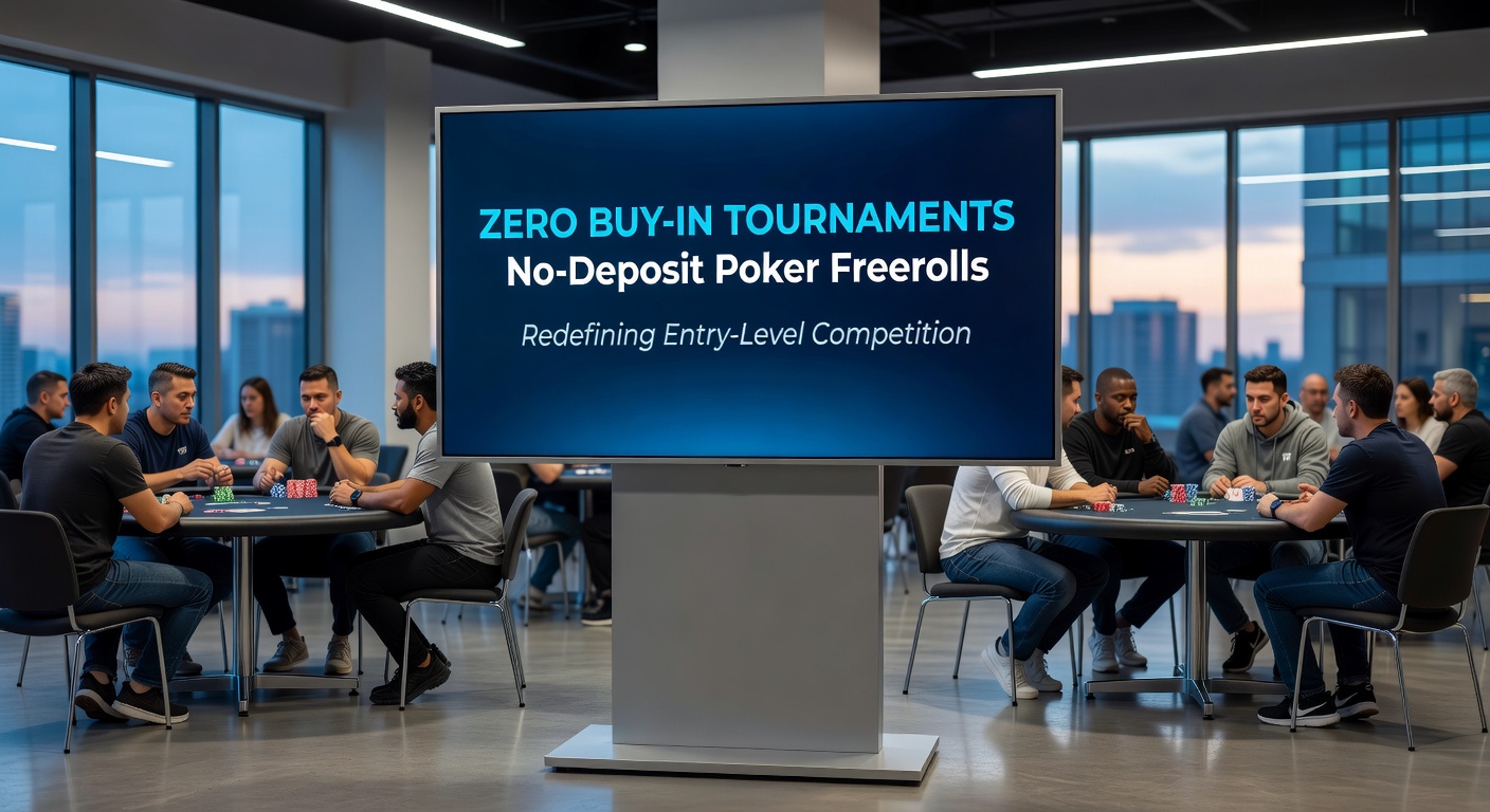 Players competing in an online poker freeroll tournament on a digital platform, screens showing cards and chip stacks
