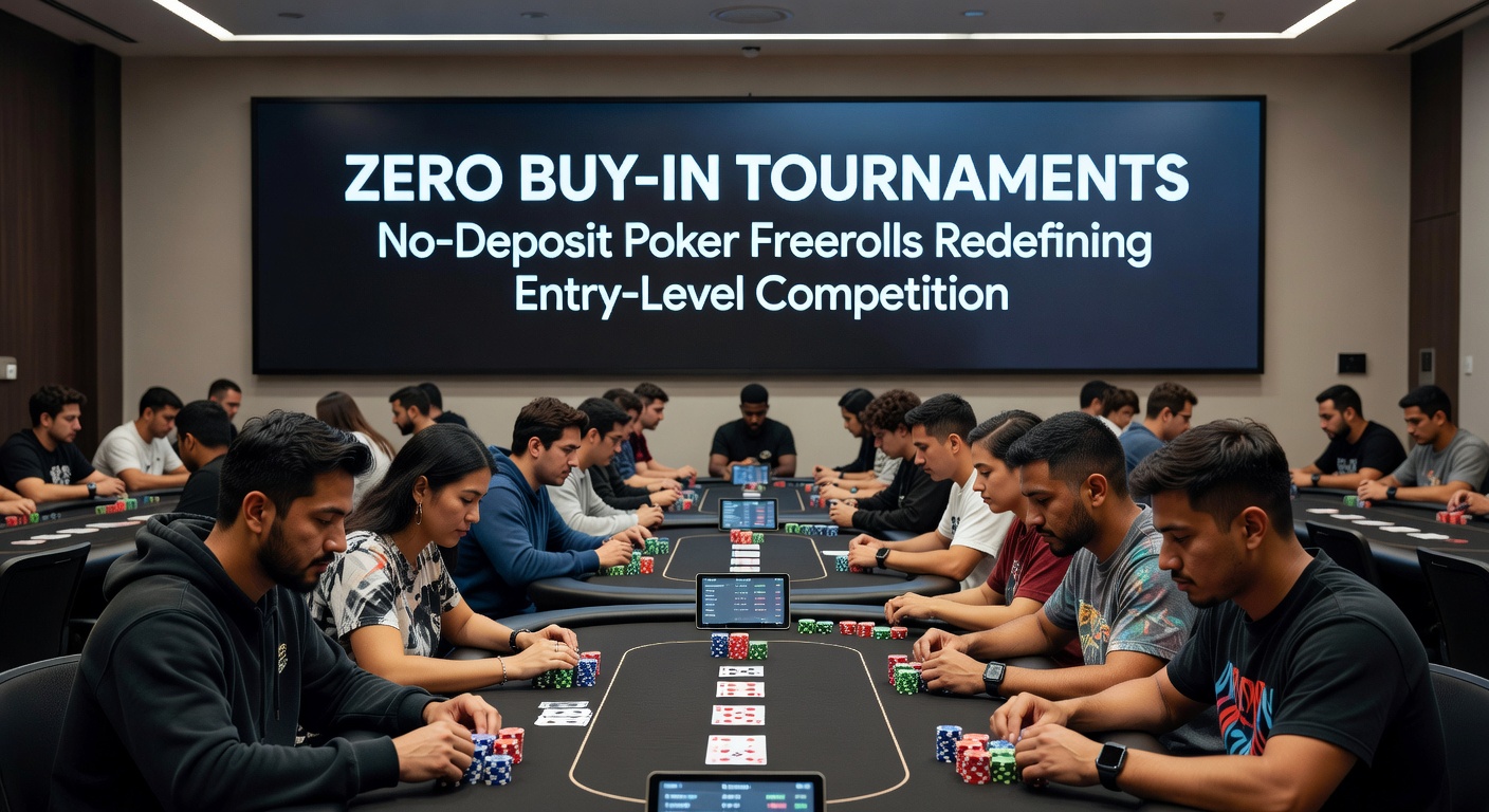 Close-up of a poker hand during a freeroll, with tournament lobby in background showing thousands of entrants and growing prize pool